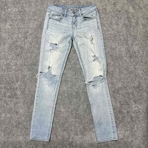 American Eagle Women's Distressed Skinny Jeans Size 0‎ Regular Blue Light Denim
